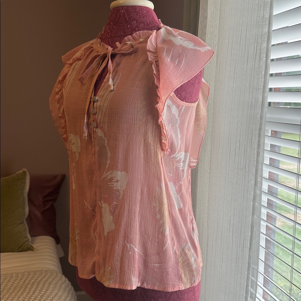 Harve Benard Pink Tie-Neck flutter sleeve Blouse